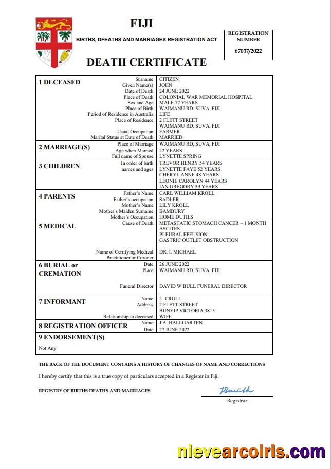 Fiji vital record death certificate